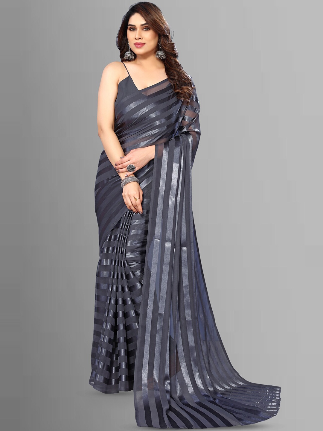 

ANAND SAREES Striped Satin Saree, Grey
