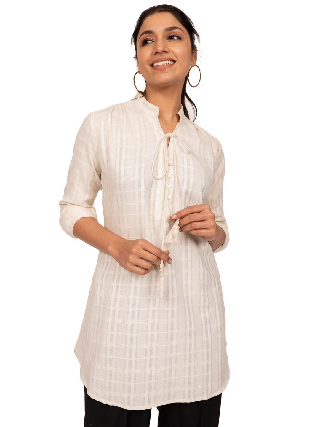 

INDIE JHOLA Striped Mandarin Collar Dobby Pure Cotton Longline Top, Cream