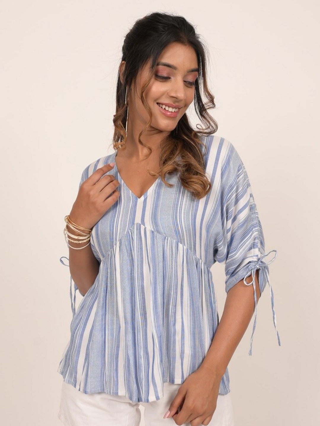

INDIE JHOLA Striped V-Neck Extended Sleeves Cotton Top, Blue