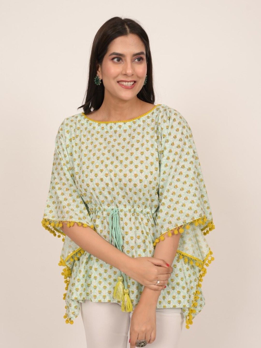 

INDIE JHOLA Polka Dot Printed Round Neck Kimono Sleeves Cotton Kaftan Top, Green