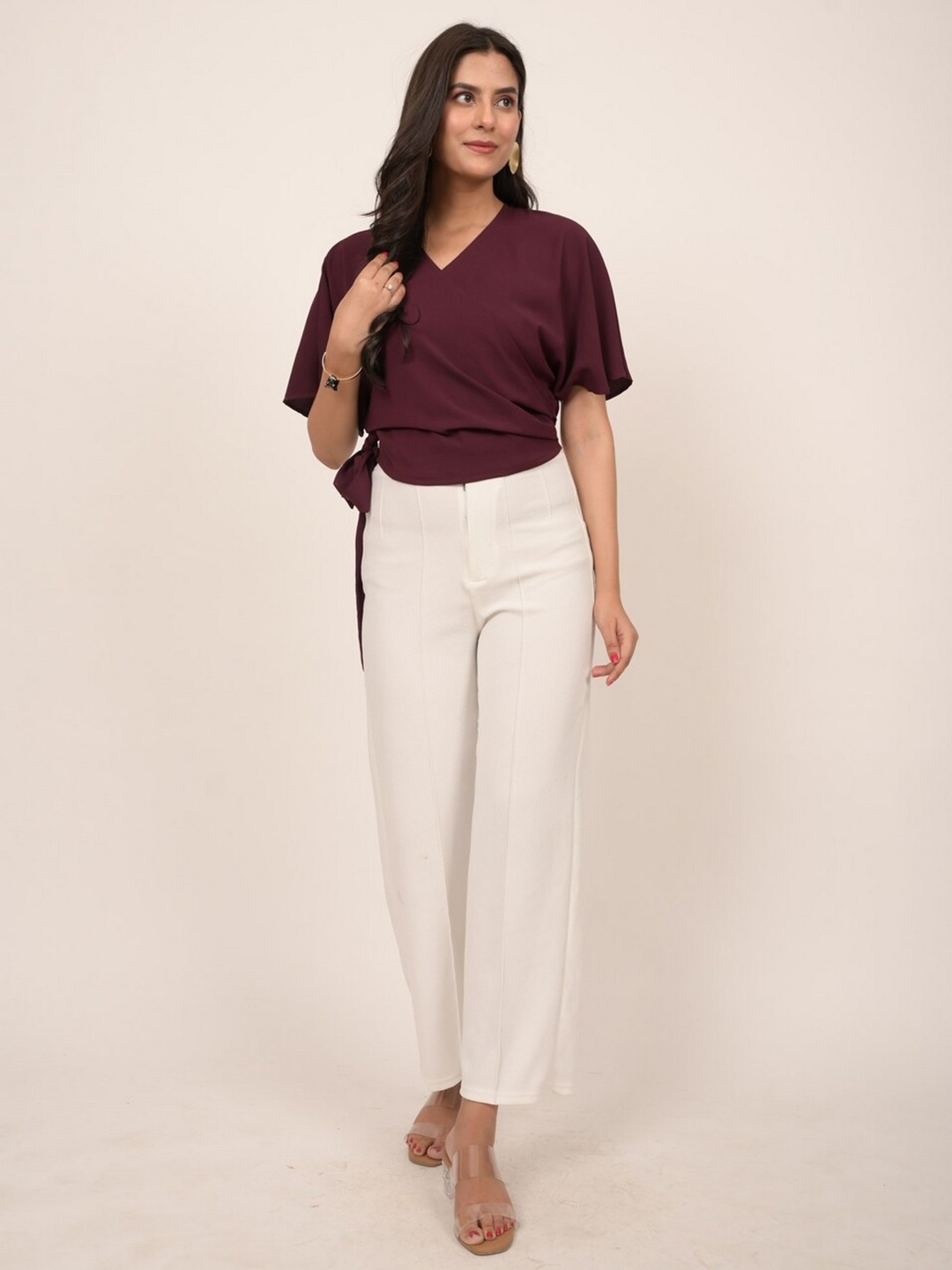

INDIE JHOLA Georgette V Neck Wrap Crop Top, Burgundy