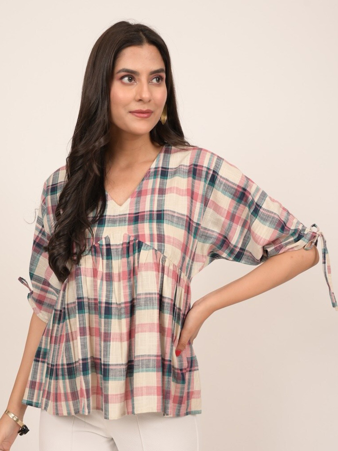 

INDIE JHOLA Checked Printed V-Neck Extended Sleeves Cotton Peplum Top, Multi