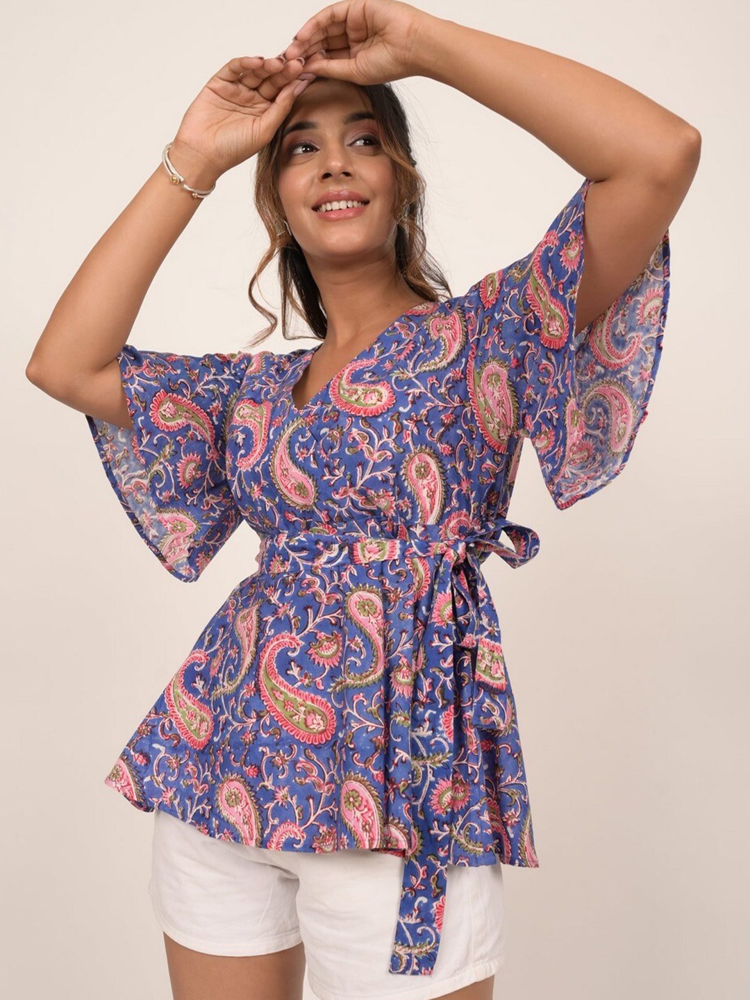 

INDIE JHOLA Printed Flared Sleeve Cotton Top, Blue