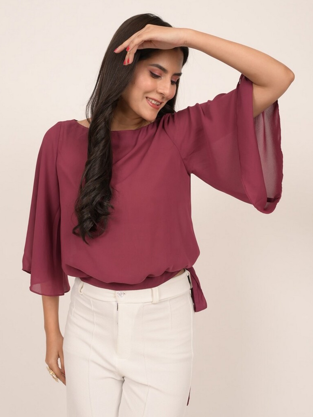 

INDIE JHOLA Flared Sleeve Georgette Crop Top, Burgundy