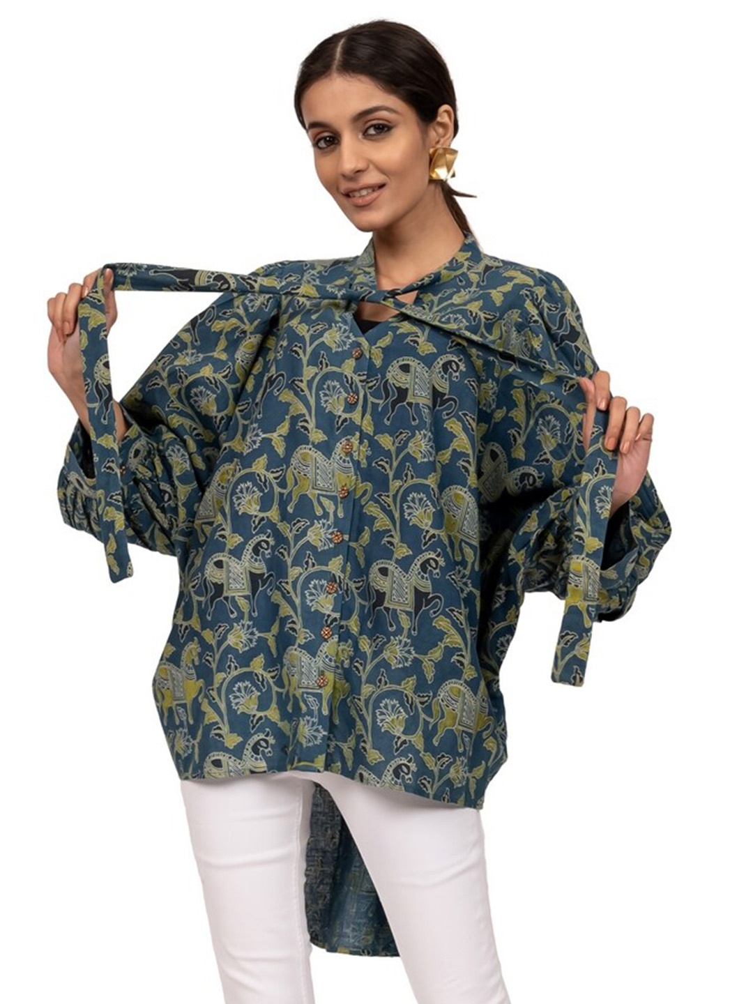 

INDIE JHOLA New Basics Printed Tie Up Cotton Top, Blue