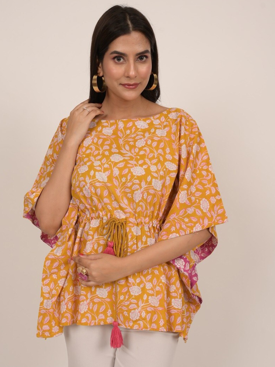 

INDIE JHOLA Floral Printed Boat Neck Kimono Sleeves Cotton Kaftan Top, Yellow