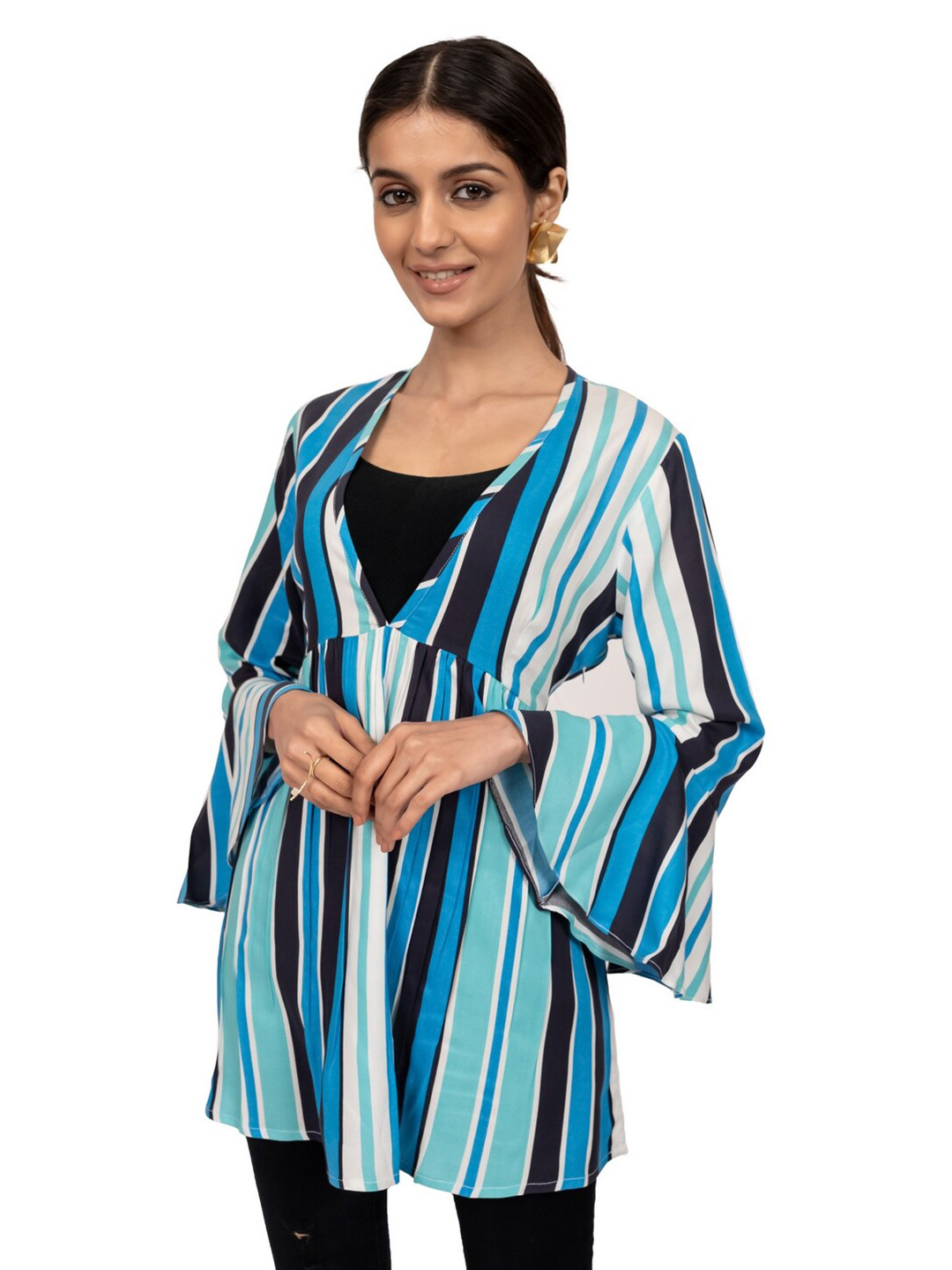 

INDIE JHOLA Striped V-Neck Bell Sleeves Cotton A-Line Top, Turquoise blue