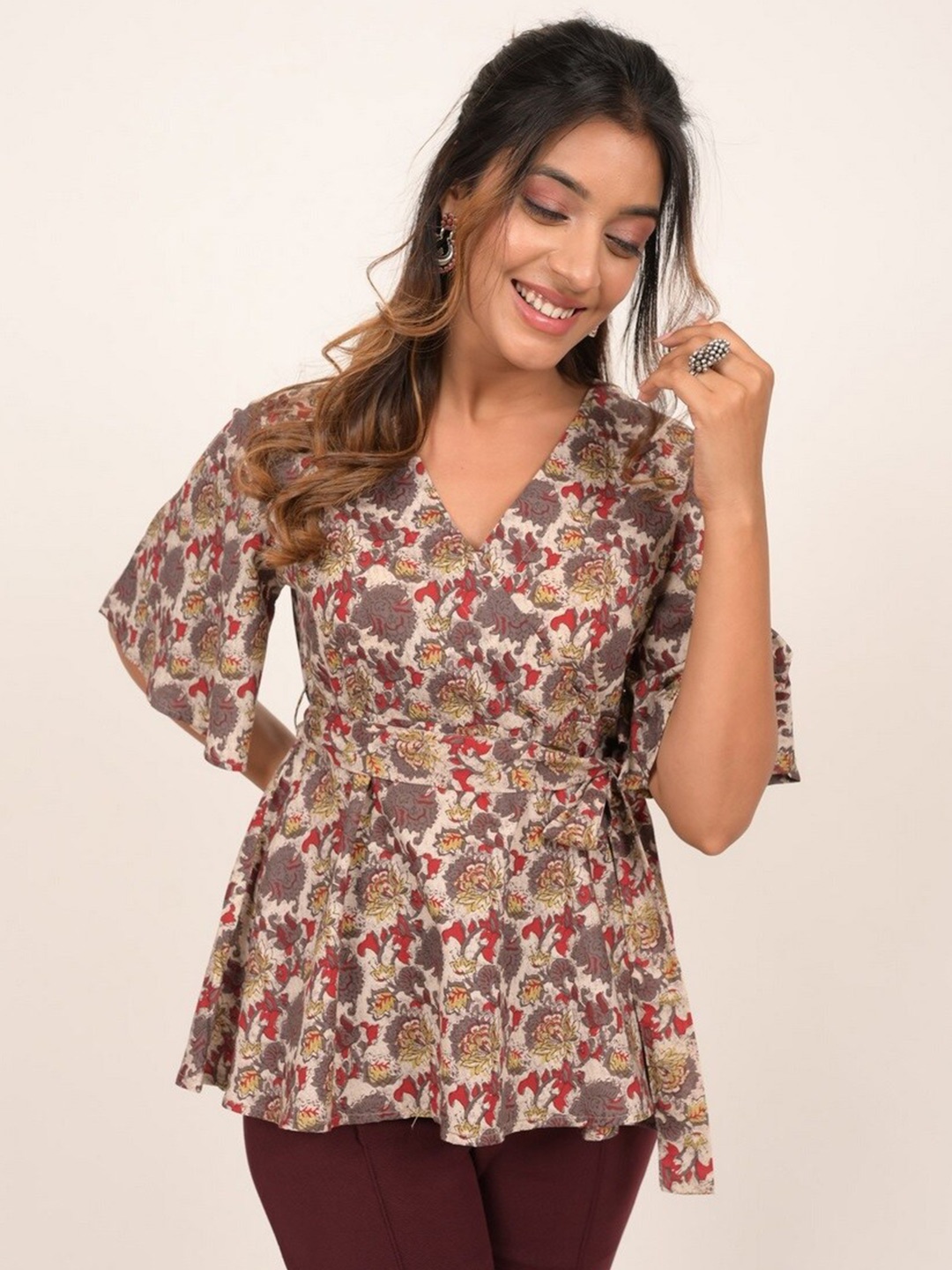 

INDIE JHOLA Floral Print Flared Sleeve Cotton Wrap Top, Brown