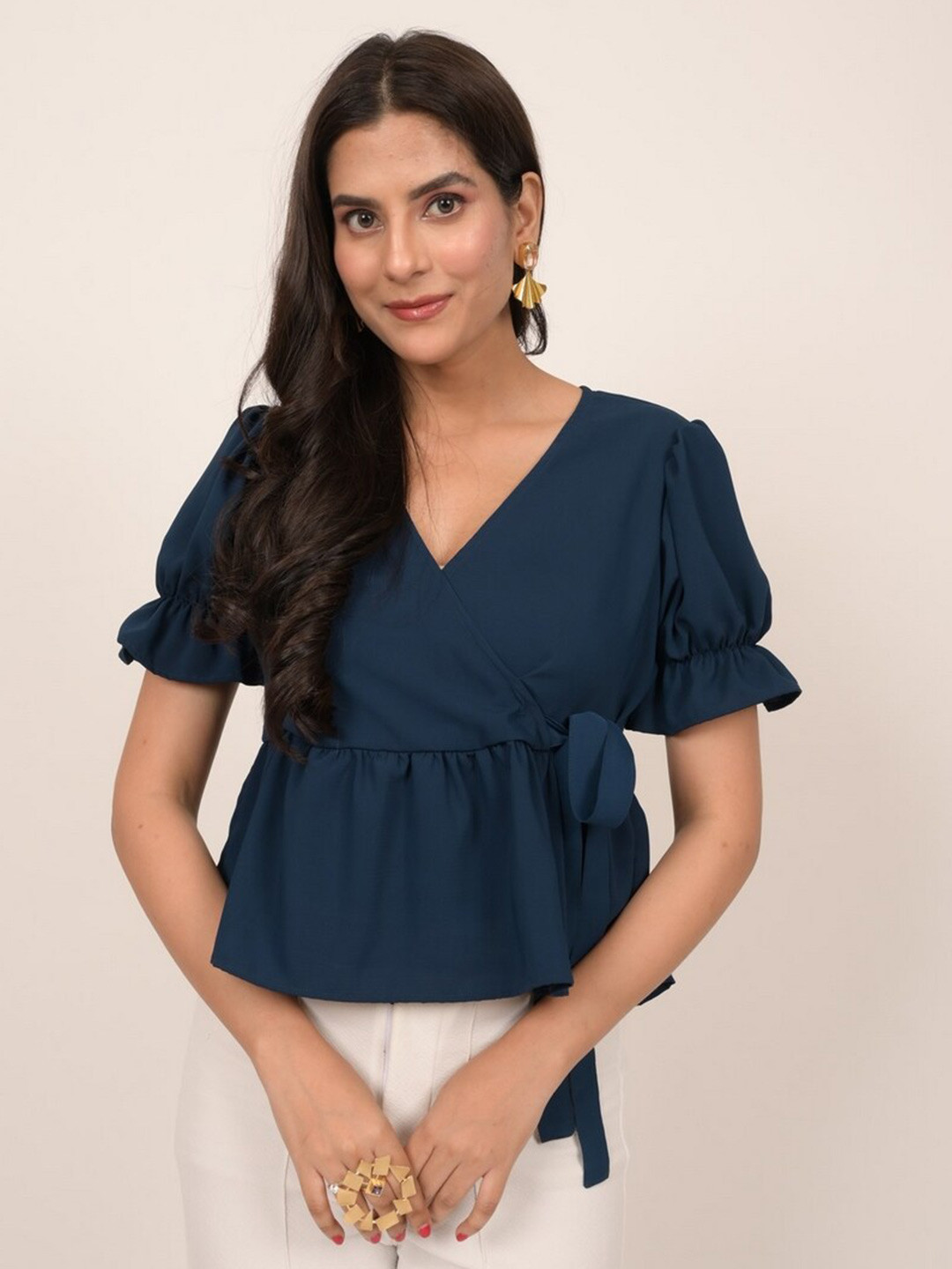 

INDIE JHOLA V-Neck Puff Sleeve Georgette Wrap Top, Blue