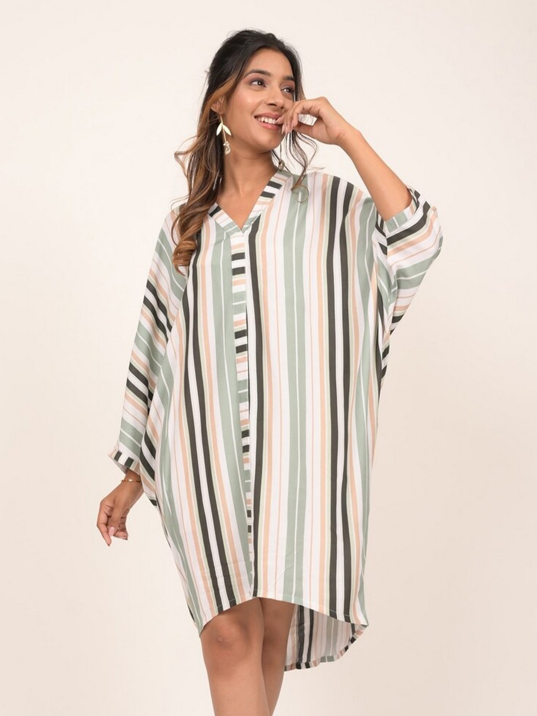 

INDIE JHOLA Striped Extended Sleeves Cotton Shirt Dress, White