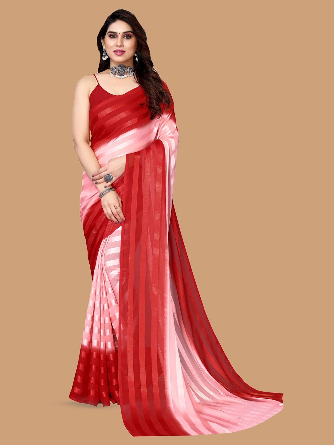 

ANAND SAREES Striped Satin Saree, Red
