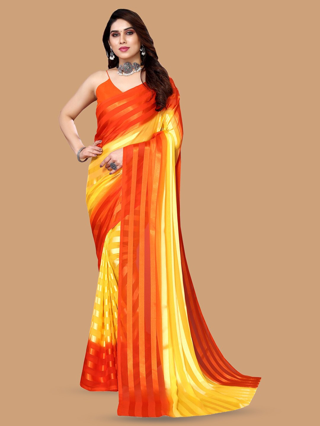 

ANAND SAREES Striped Satin Saree, Orange