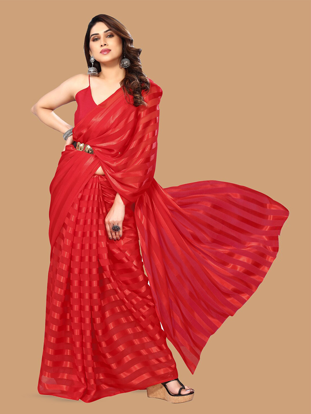 

ANAND SAREES Striped Satin Saree, Red
