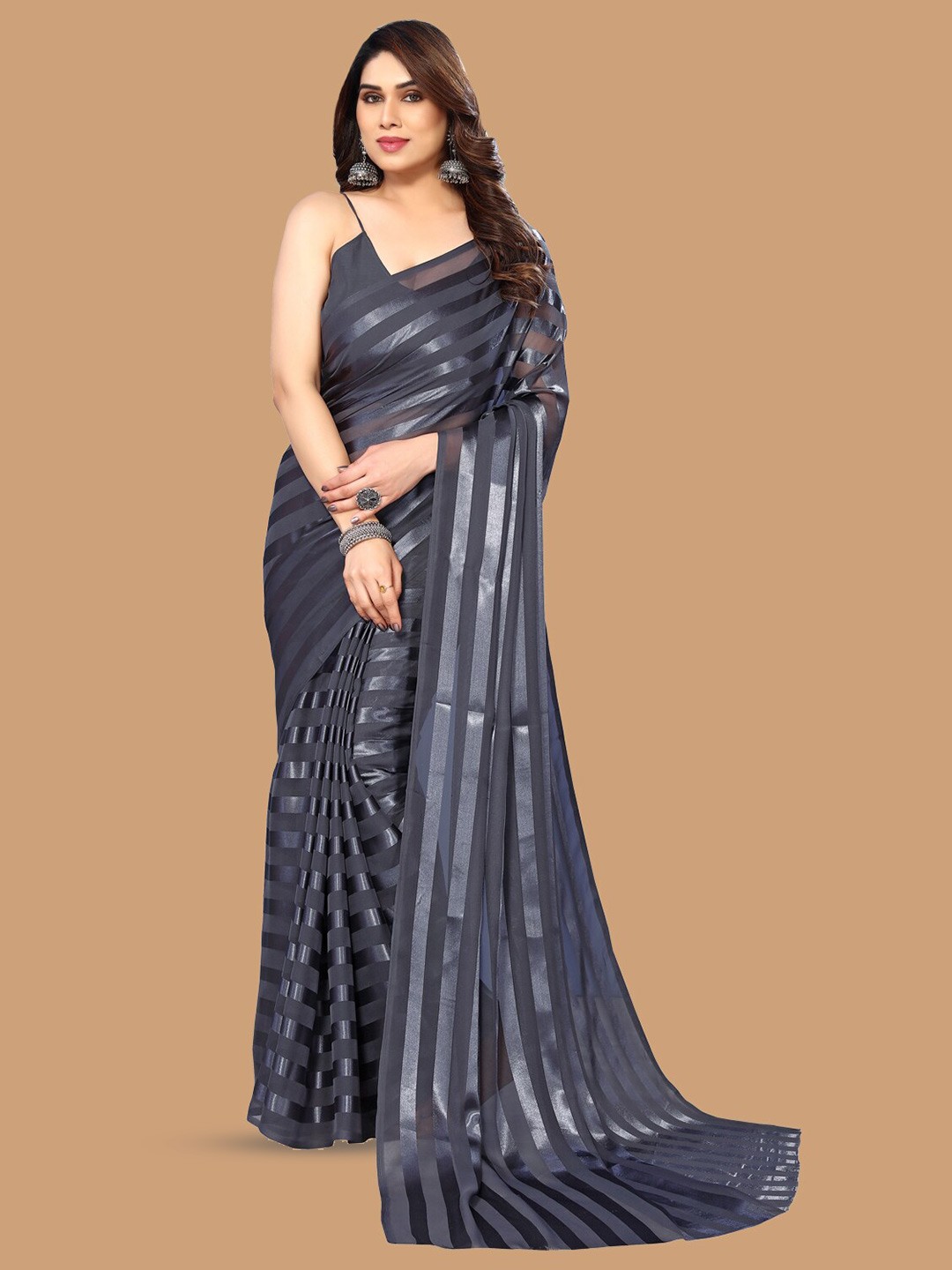 

ANAND SAREES Striped Satin Saree, Grey