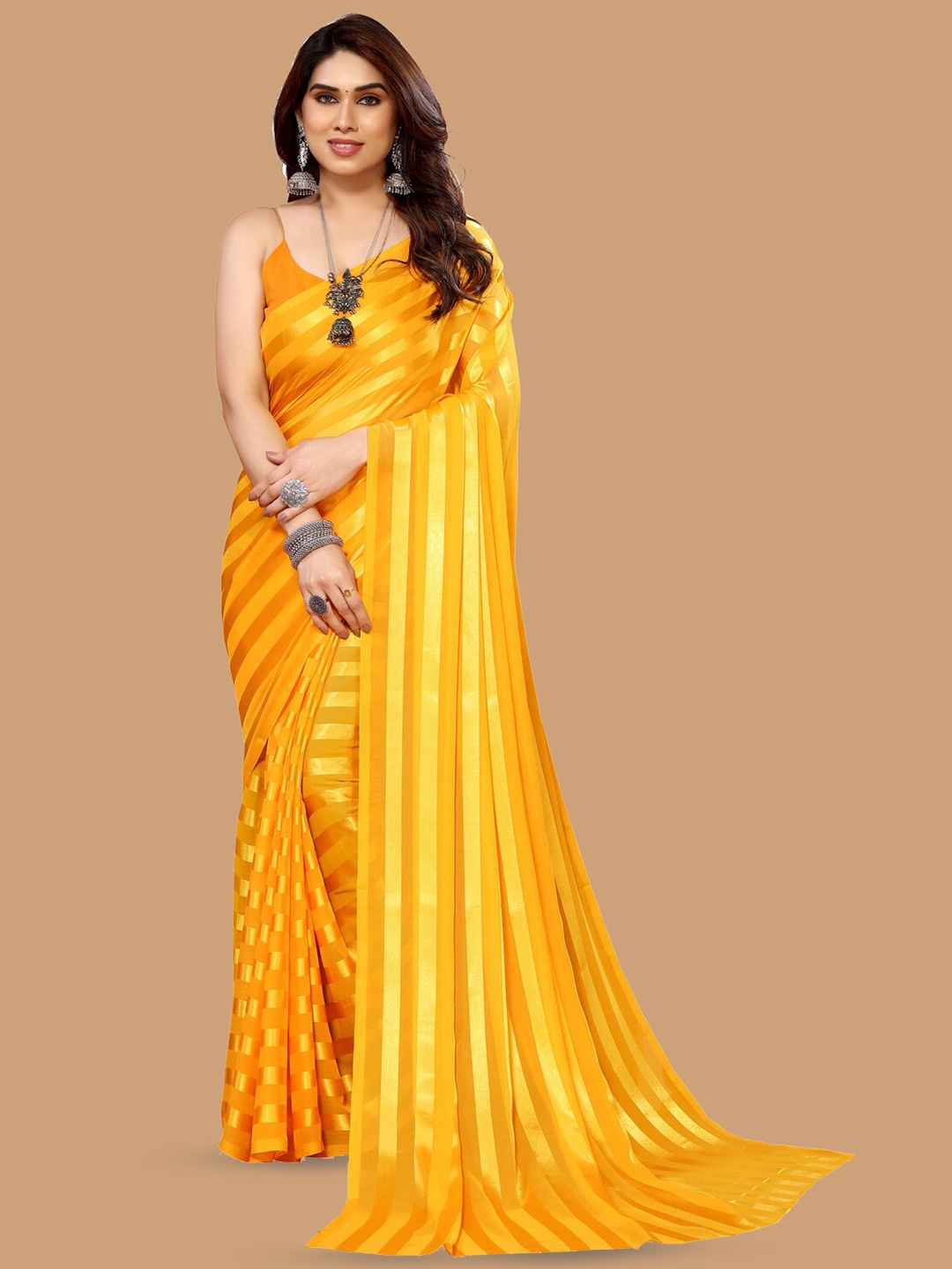 

ANAND SAREES Striped Satin Saree, Yellow