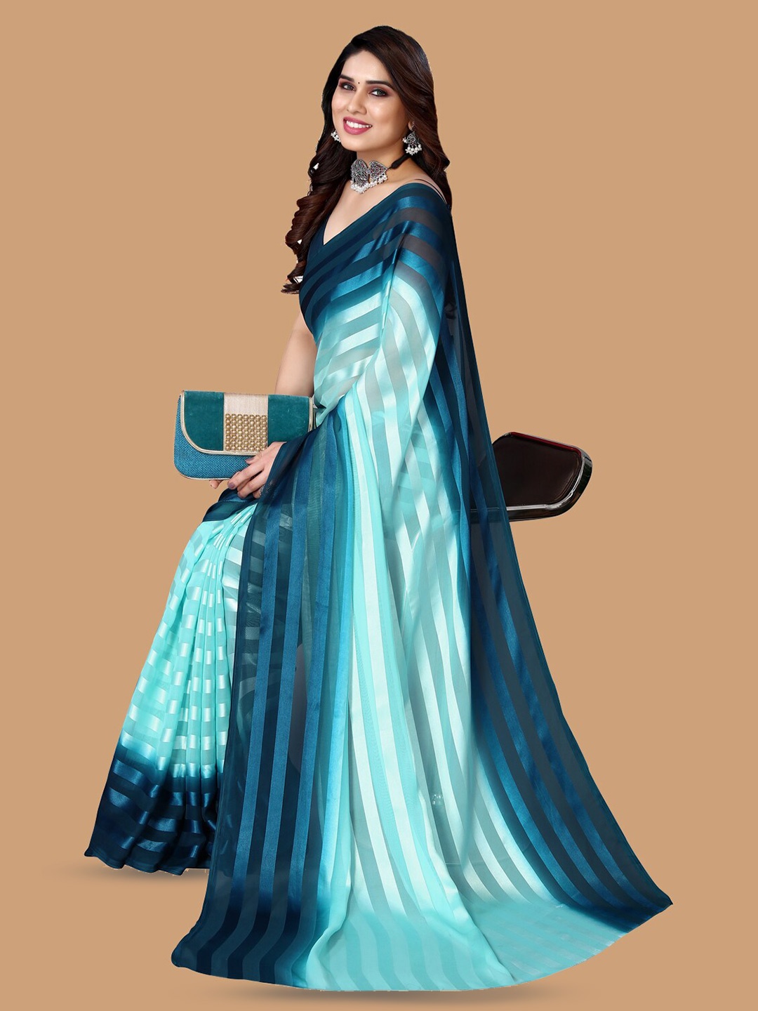 

ANAND SAREES Striped Satin Saree, Blue