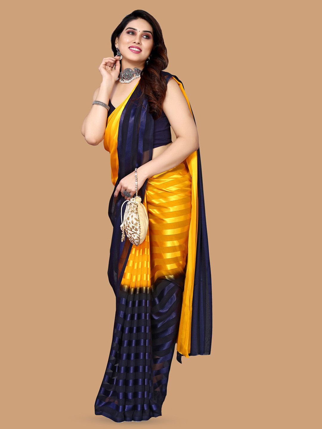 

ANAND SAREES Striped Satin Saree, Yellow
