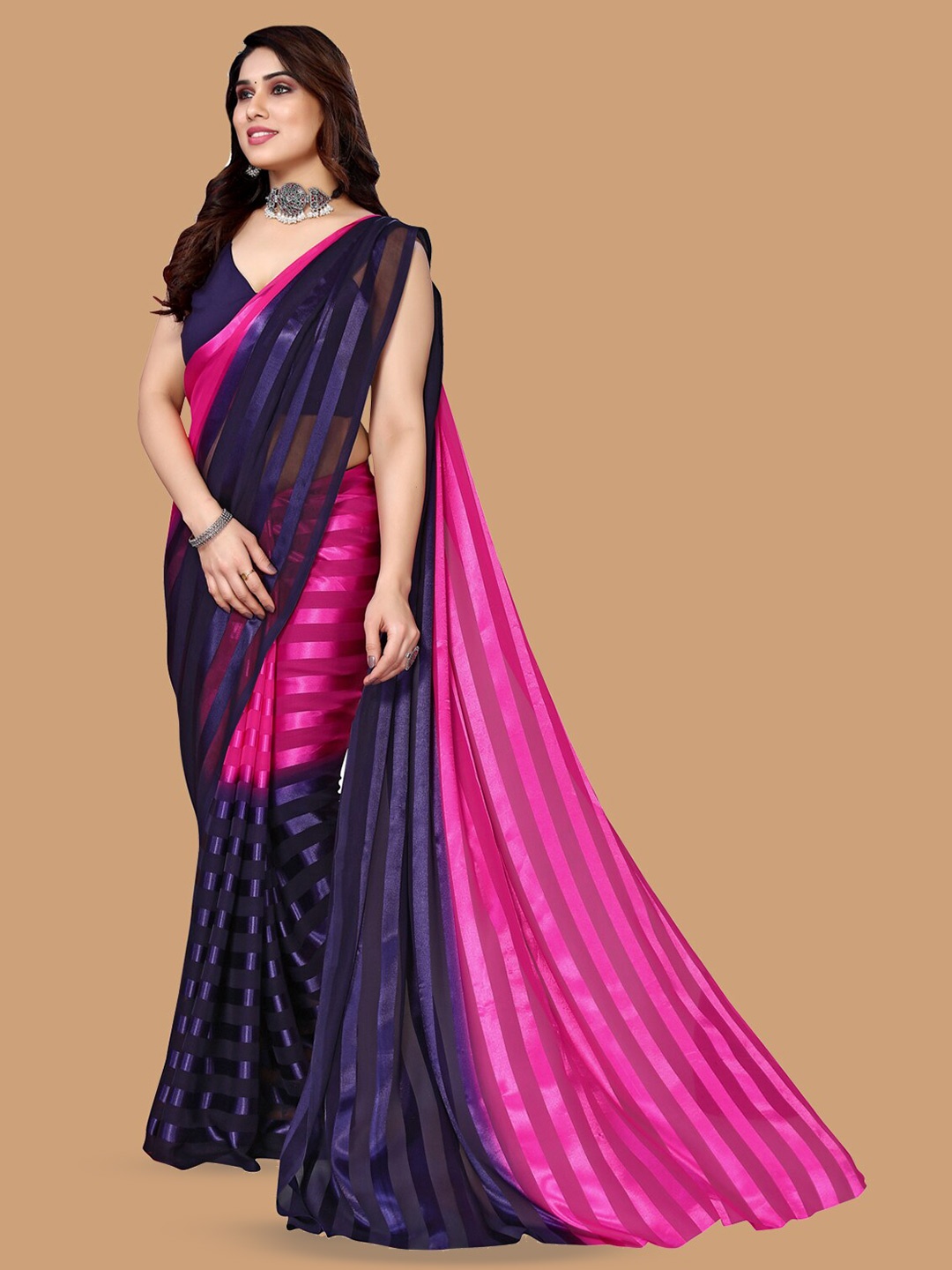 

ANAND SAREES Striped Satin Saree, Pink