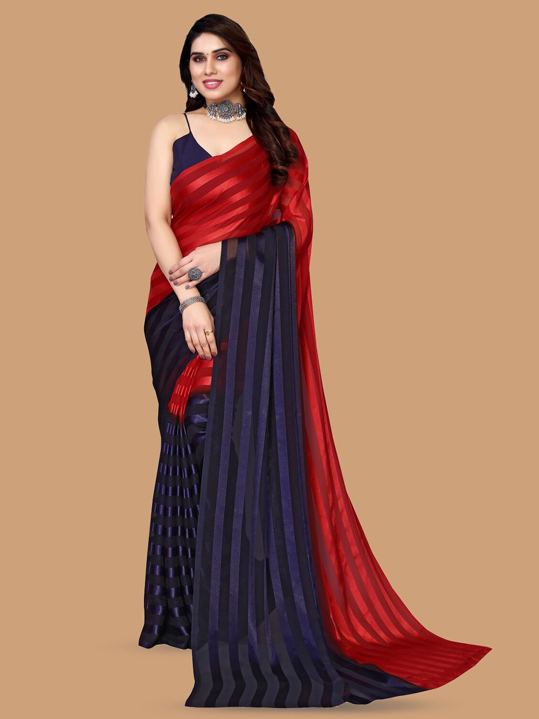 

ANAND SAREES Striped Satin Saree, Red