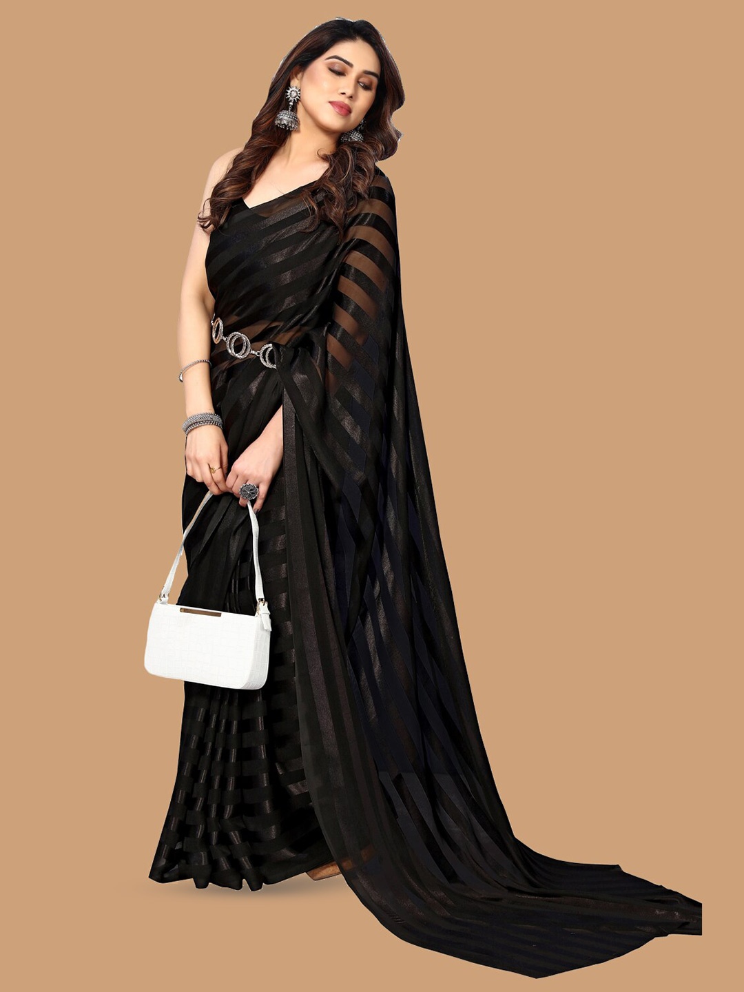 

ANAND SAREES Striped Satin Saree, Black