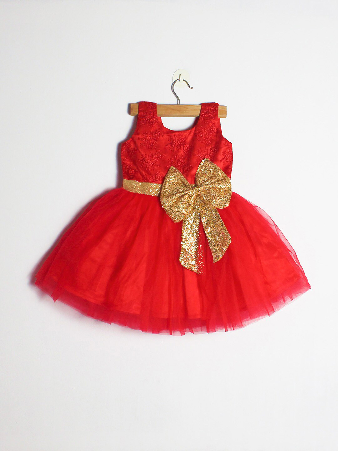 

BAESD Girls Self Design Net Pleated Fit & Flare Dress, Red