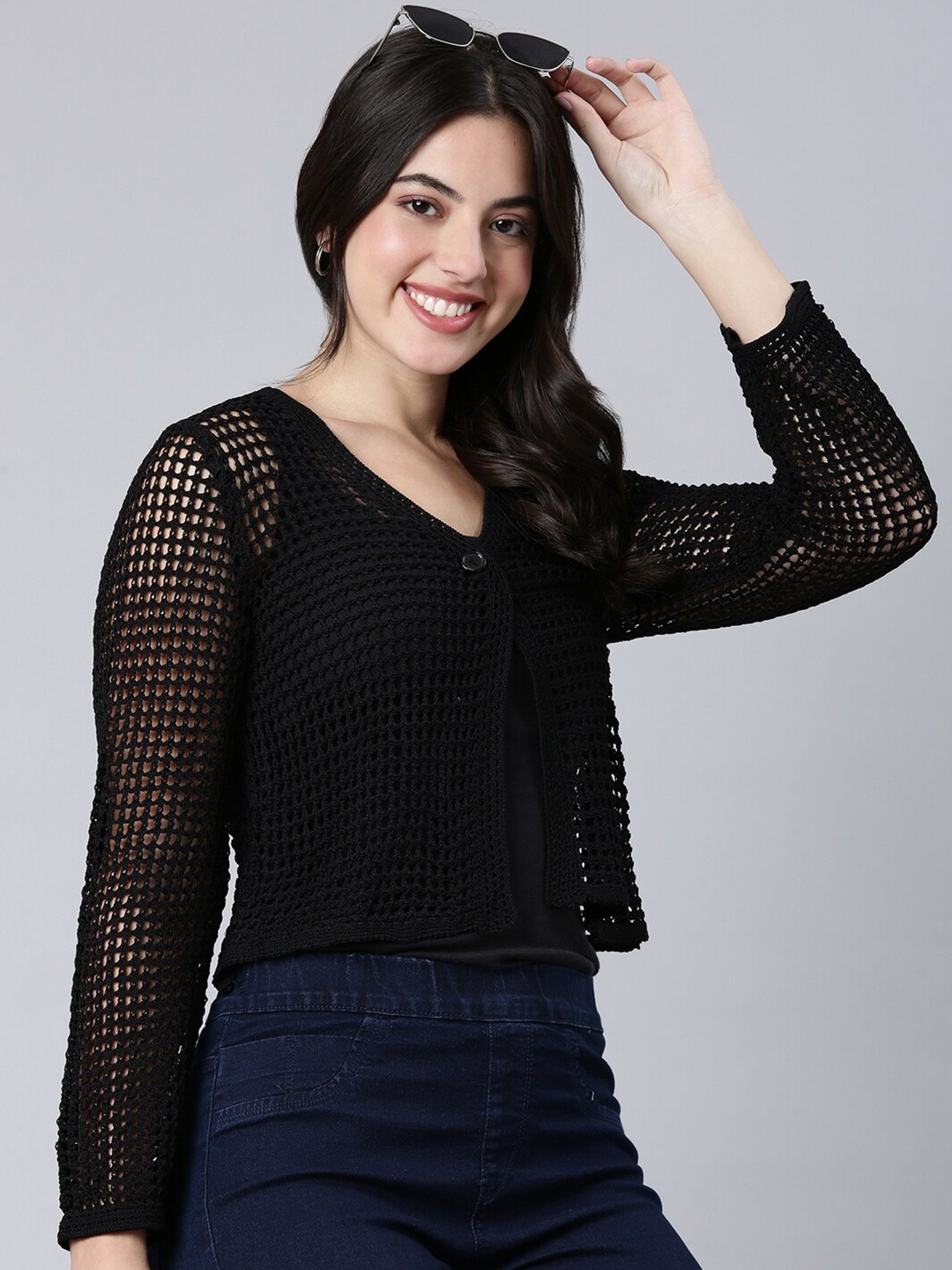 

SHOWOFF Sheer Acrylic Button Shrug, Black