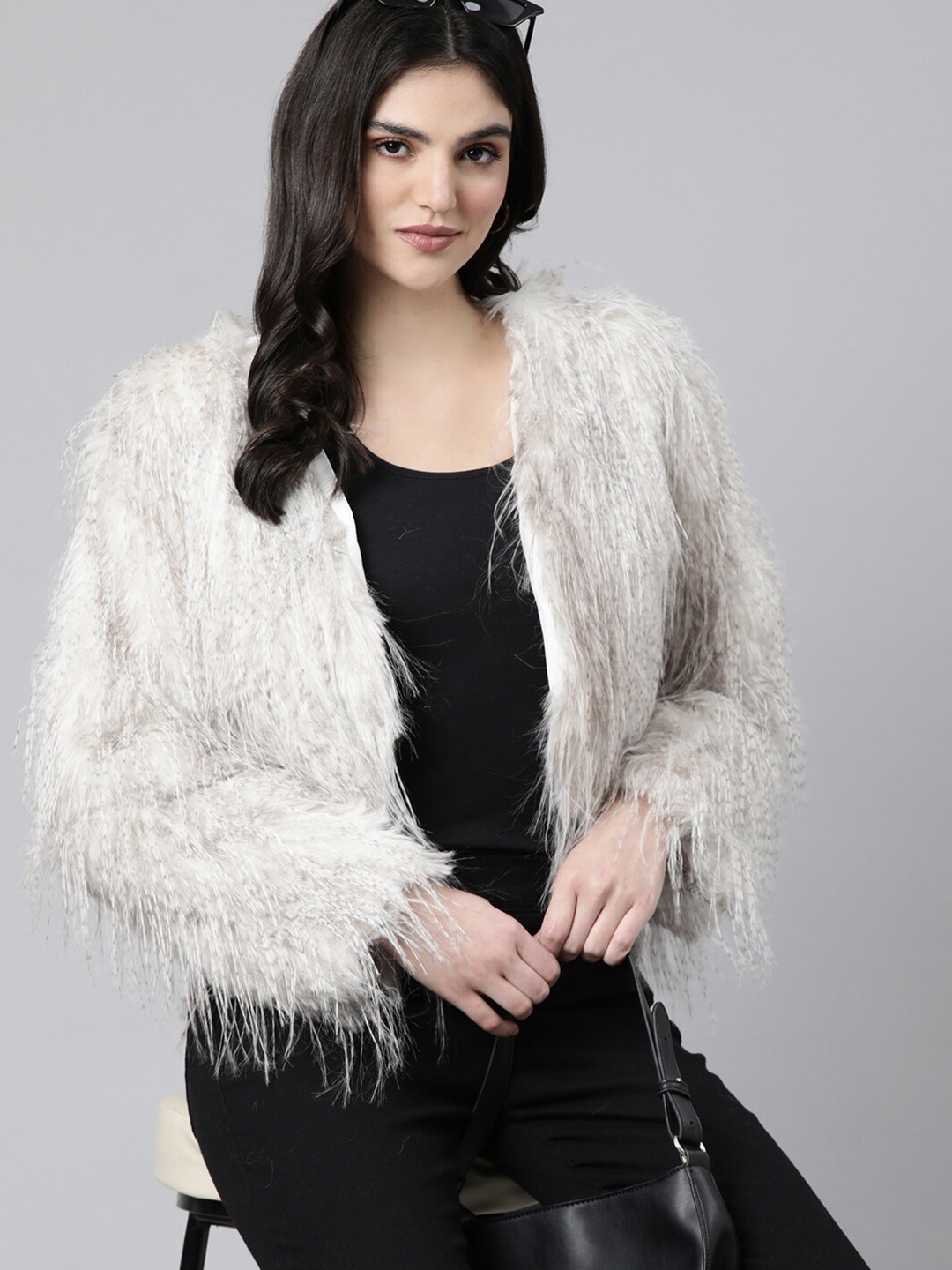 

SHOWOFF Self Design Crop Open Front Shrug, Grey