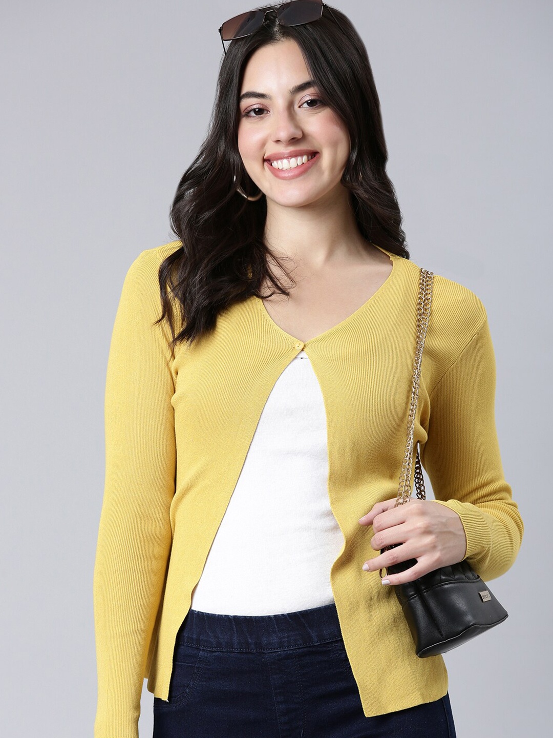 

SHOWOFF Acrylic Button Shrug, Mustard