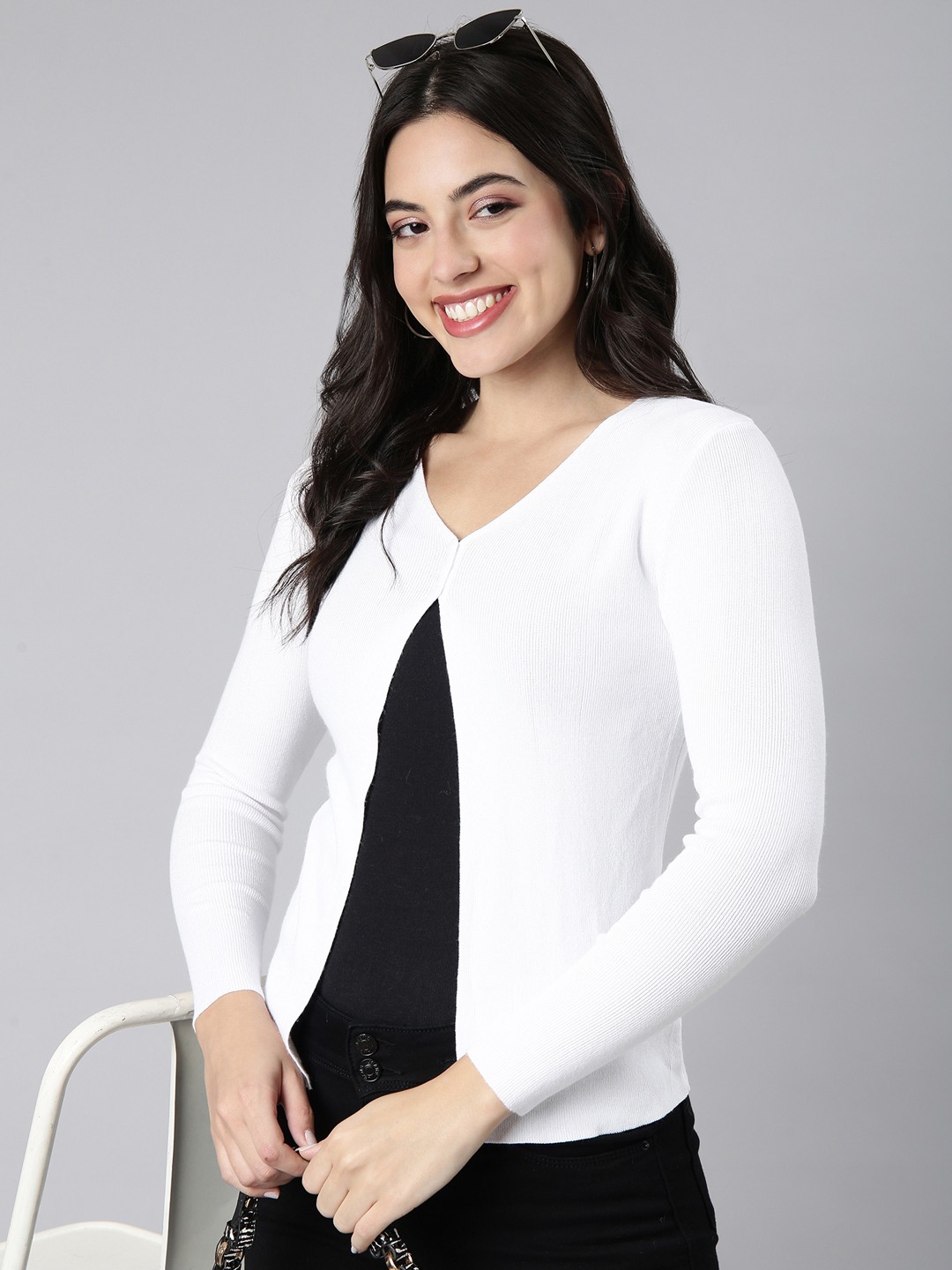 

SHOWOFF Ribbed Acrylic Button Shrug, White