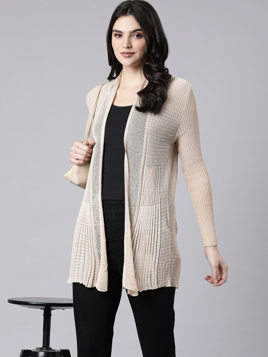 

SHOWOFF Self Design Sheer Acrylic Longline Open Front Shrug, Beige