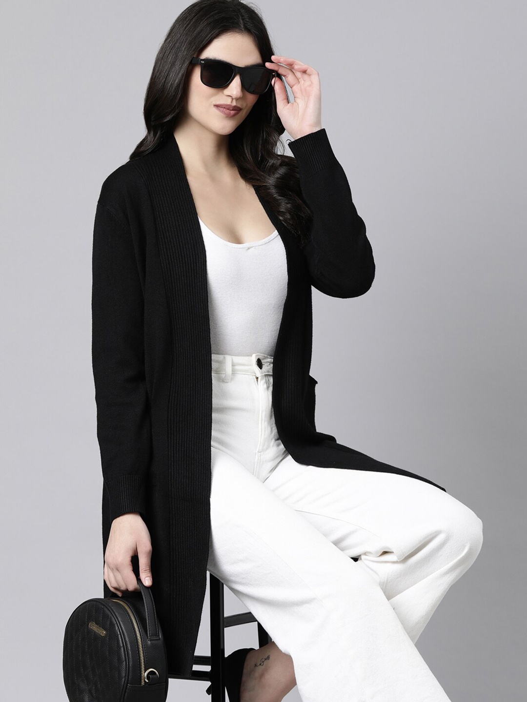 

SHOWOFF Long Sleeves Longline Open Front Shrug, Black