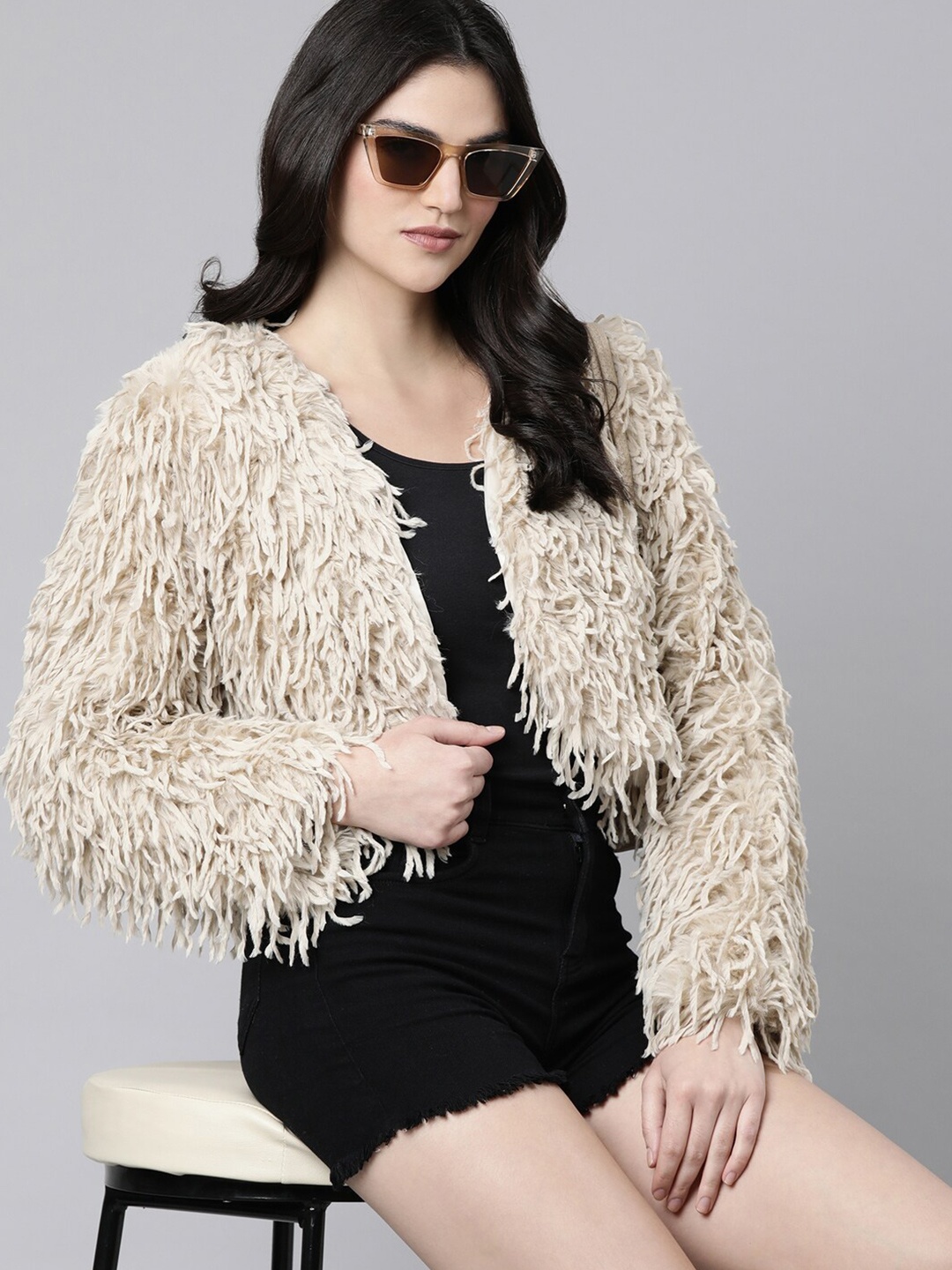 

SHOWOFF Self Design Acrylic Crop Open Front Shrug, Beige