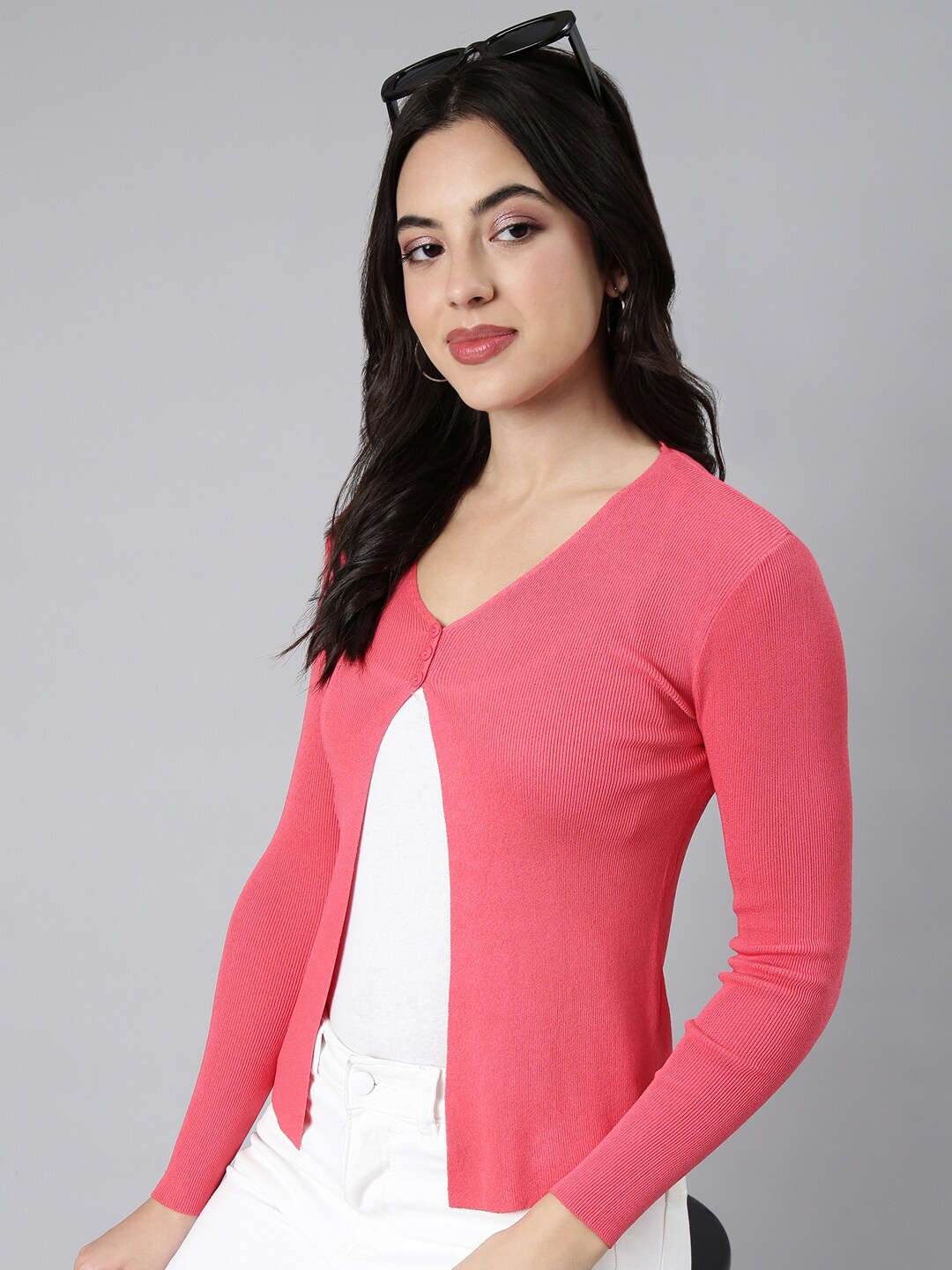 

SHOWOFF Ribbed Acrylic Button Shrug, Pink