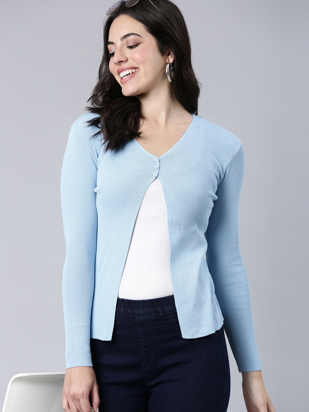 

SHOWOFF Ribbed Acrylic Button Shrug, Blue
