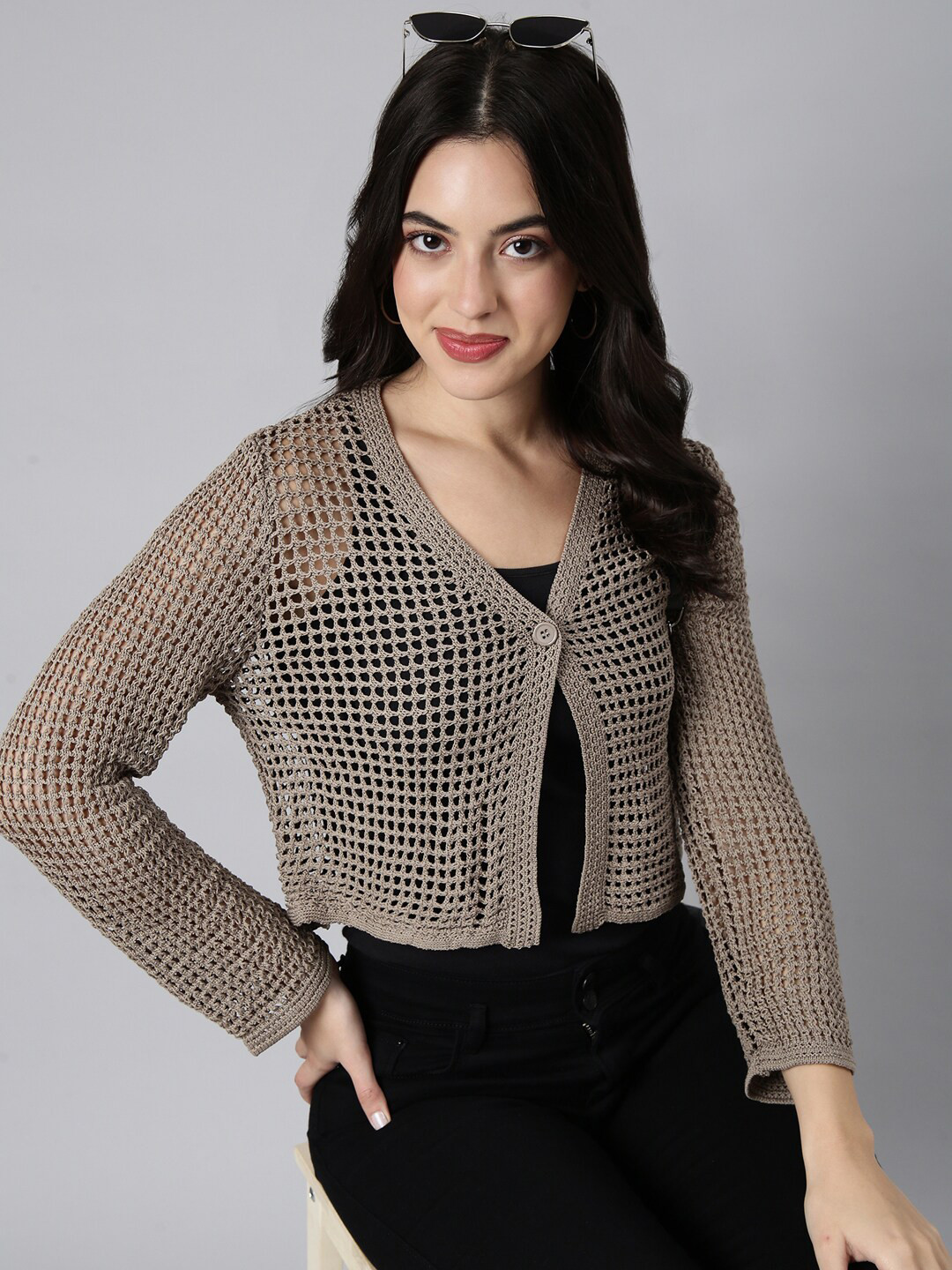 

SHOWOFF Self Design Crop Sheer Acrylic Crochet Button Shrug, Olive