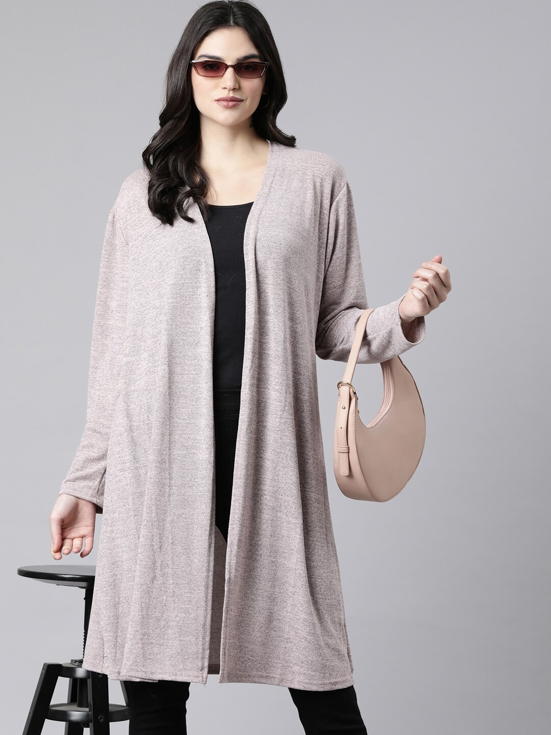 

SHOWOFF Long Sleeves Acrylic Longline Open Front Shrug, Peach