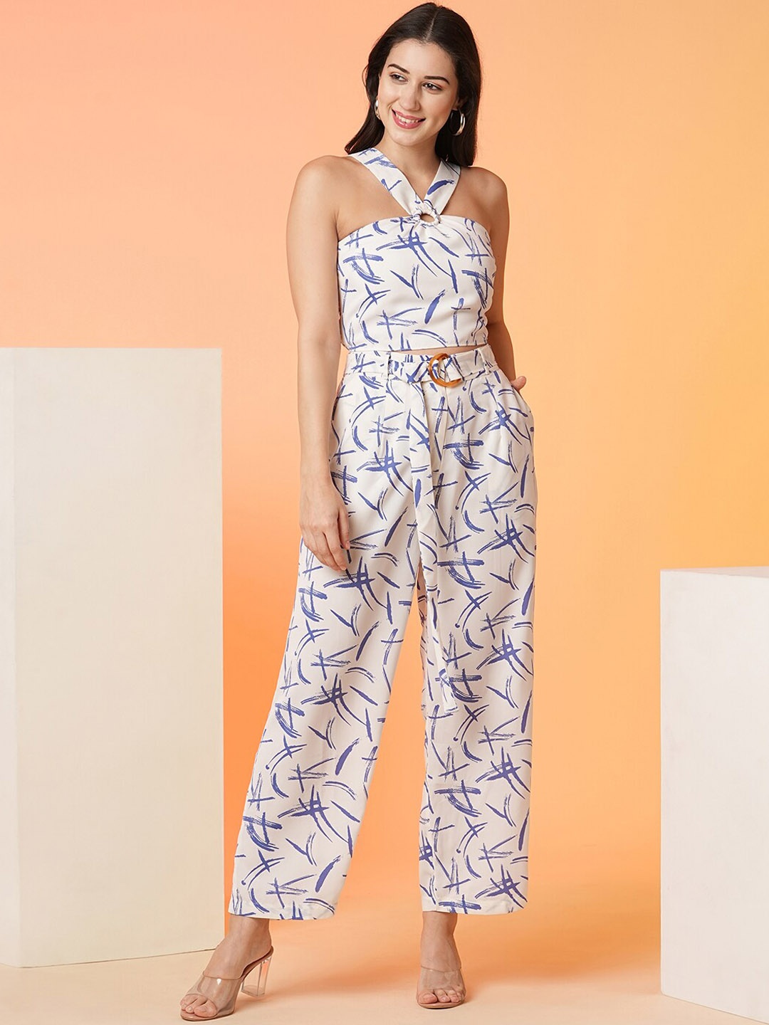 

Globus White Printed Halter Neck Top With Trousers