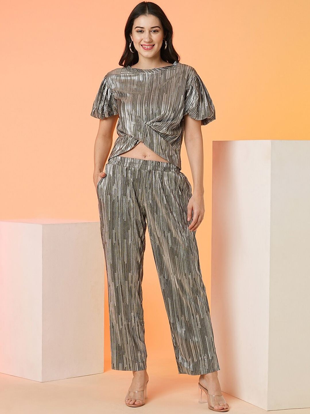 

Globus Striped Top & Trouser Co-Ord Set, Silver