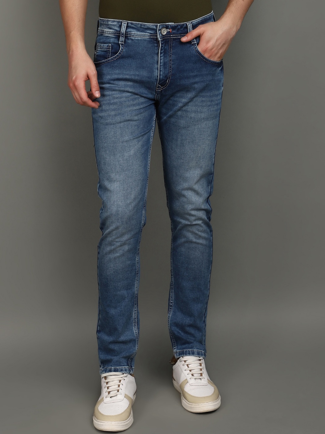

V-Mart Men Slim Fit Clean Look Heavy Fade Knitted Cotton Jeans, Blue
