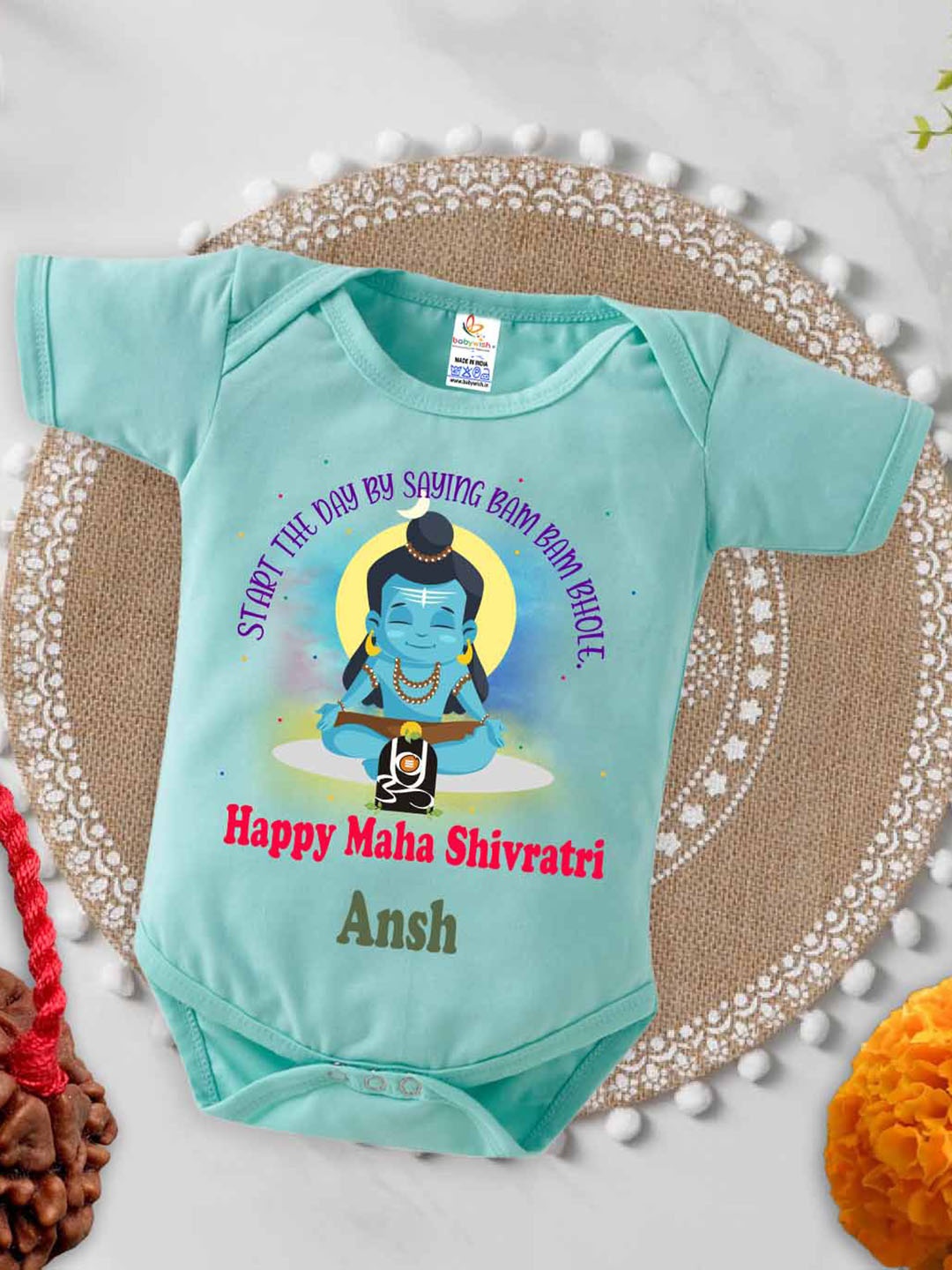 

Babywish Infants Mahashivratri Printed Cotton Bodysuits, Sea green