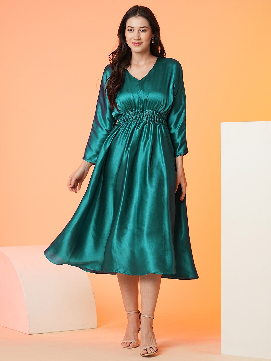 

Globus Green V-Neck Smocked Satin Fit & Flare Midi Dress