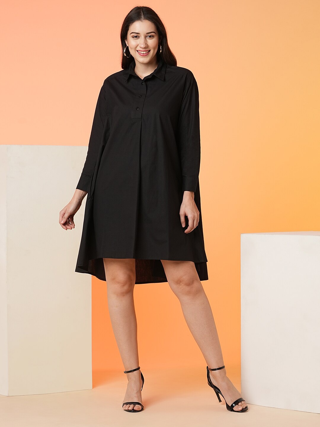 

Globus Black Shirt Collar Cuffed Sleeves Pure Cotton A-Line High-Low Dress