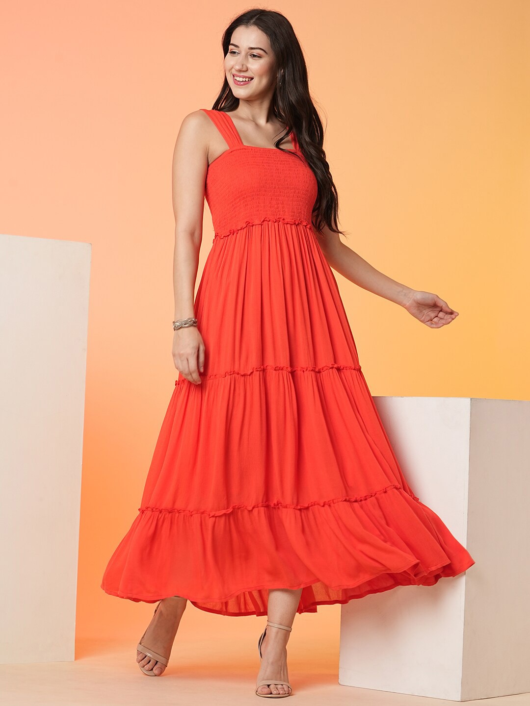 

Globus Smocked Tiered Fit & Flare Maxi Dress, Orange
