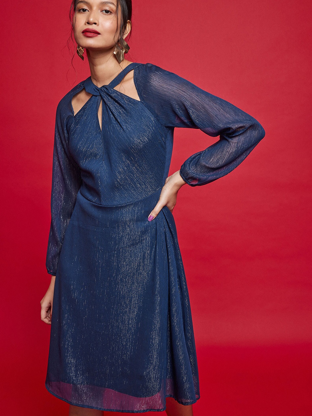 

The Label Life Fit & Flare Twisted Neckline Midi Dress, Blue