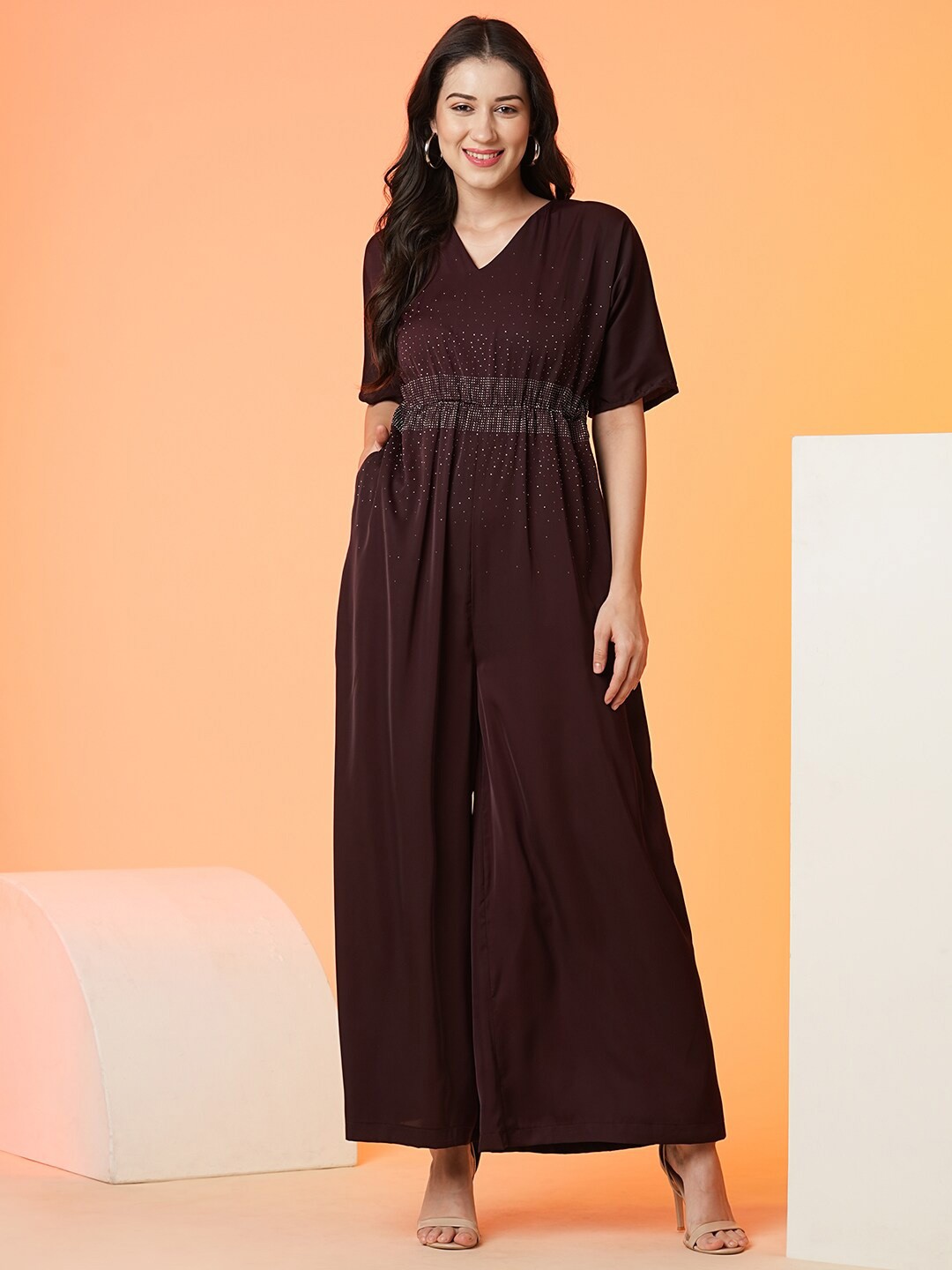 

Globus Burgundy V-Neck Embellished Basic Jumpsuit