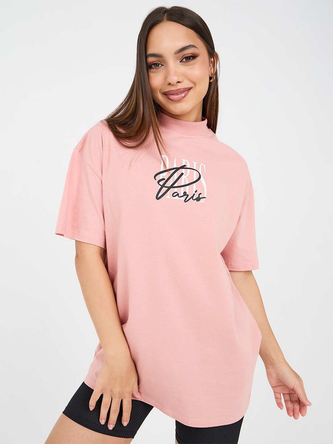 

Styli Oversized Paris Print High Neck Longline T-Shirt, Pink