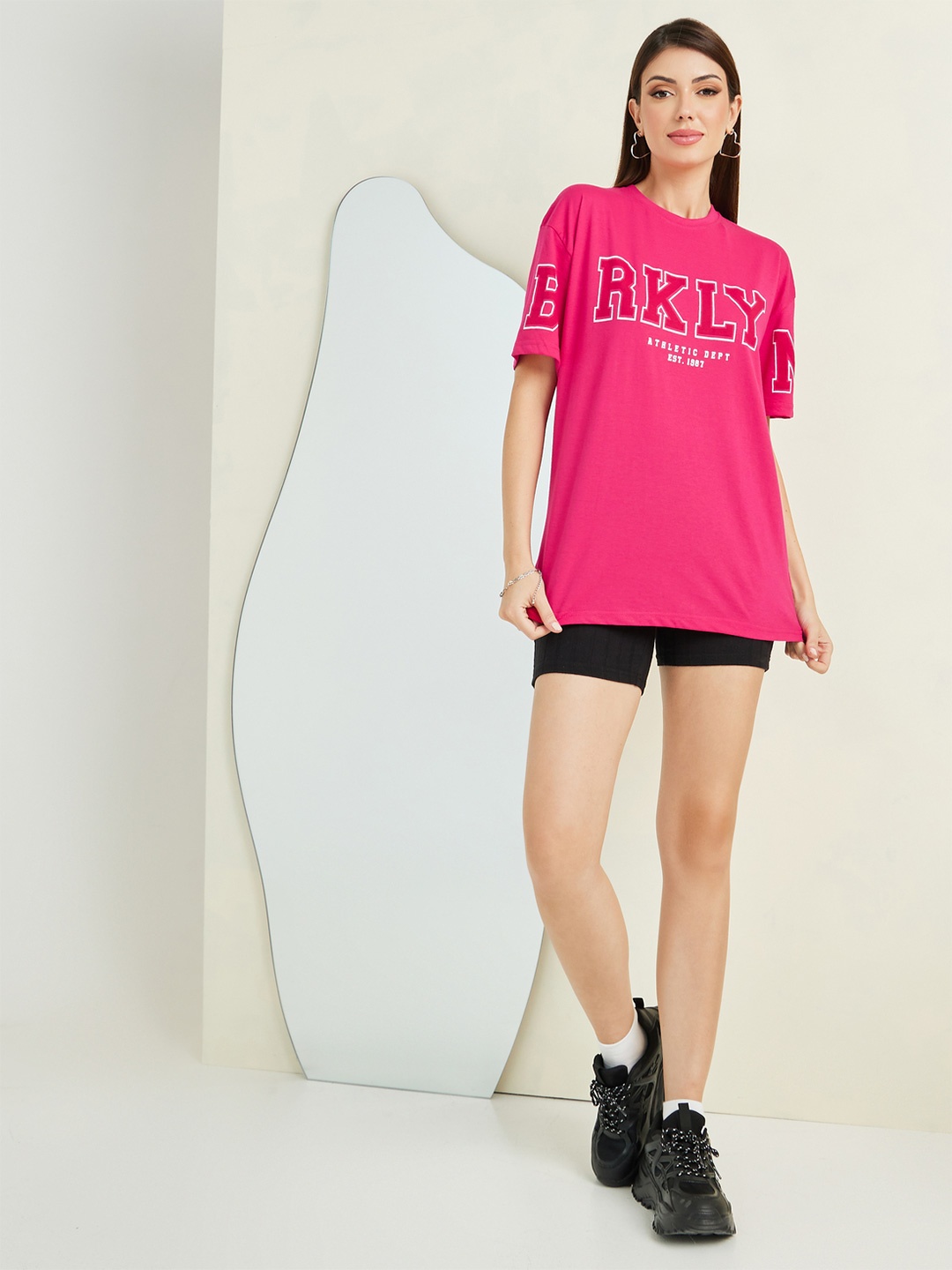 Styli Women Oversized Brooklyn Print Longline Cotton T-shirt, Pink