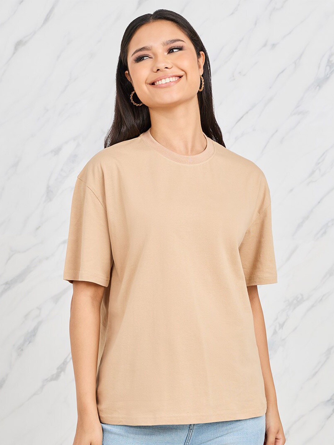 

Styli Women Solid Round Neck Longline Oversized T-Shirt, Brown