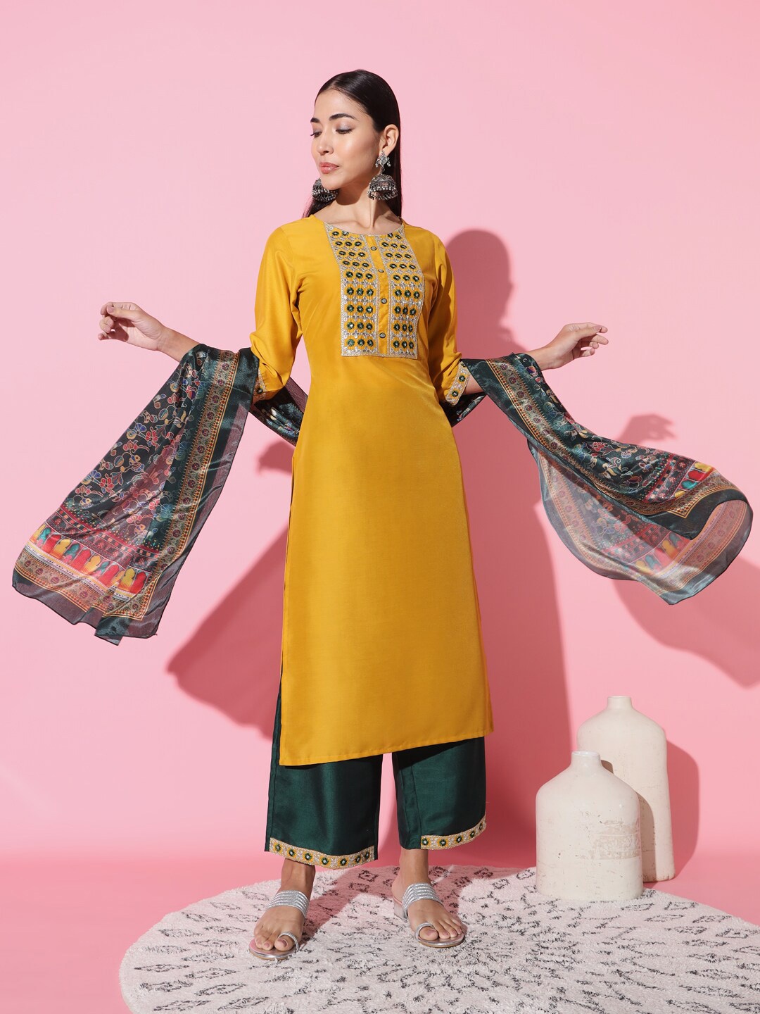 

THE52 Yoke Design Sequinned Kurta with Trousers & Dupatta, Yellow