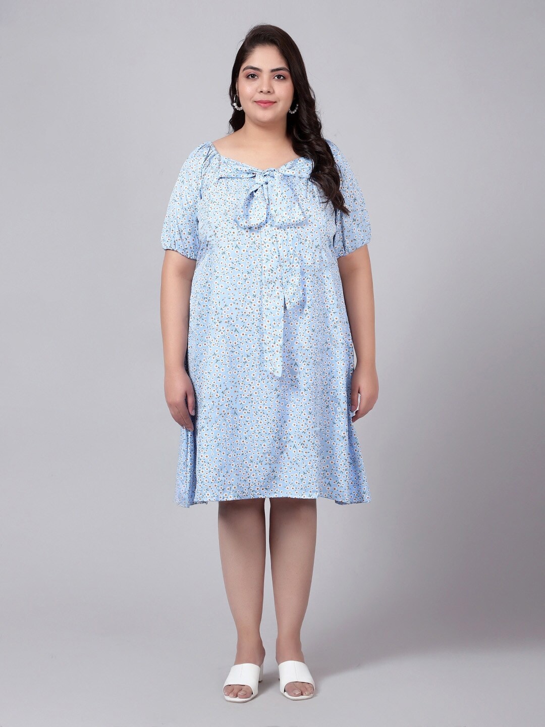 

Indietoga Polka Dot Print Tie-Up Neck A-Line Dress, Blue